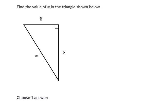 Look at the picture below a. x= √13 b.x= √39 c. x= √40 d. x= √89-example-1