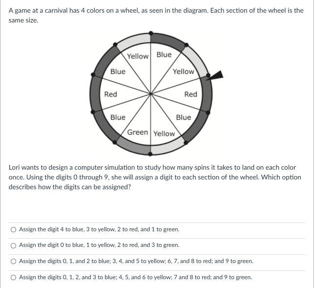 A game at a carnival has 4 colors on a wheel, as seen in the diagram. Each section-example-1