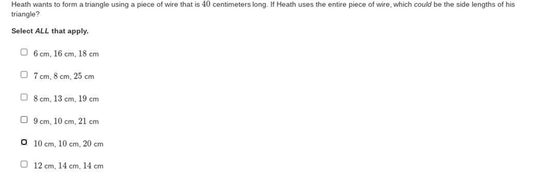 Heath wants to form a triangle using a piece of wire that is 40 centimeters long. If-example-1