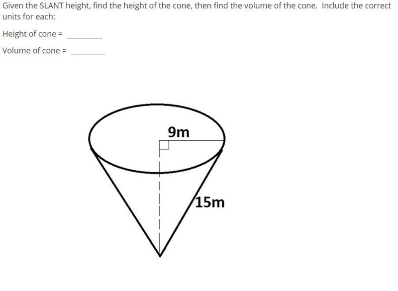 Find the height and volume of cone:-example-1