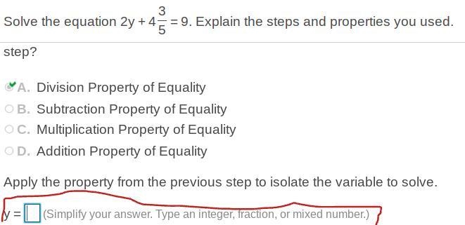 Apply the property from the previous step to isolate the variable to solve.-example-1