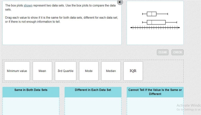 The box plots shown represent two data sets. Use the box plots to compare the data-example-1