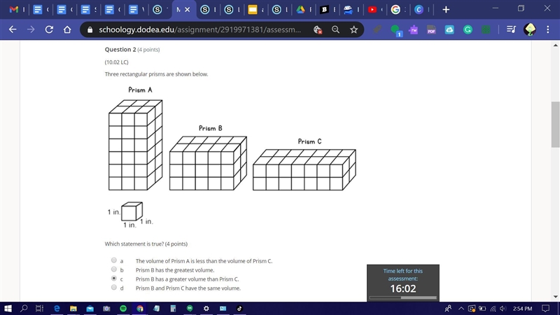 Three rectangular prisms are shown below. Which statement is true? (4 points)-example-1