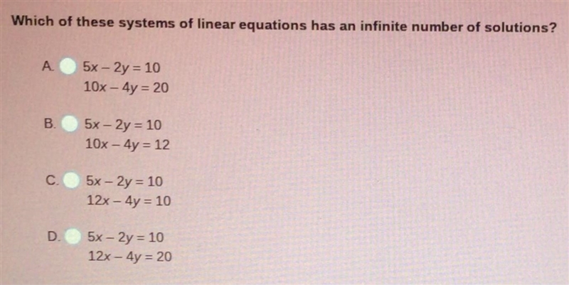 Which of these systems of linear equations has an infinite number of solution-example-1