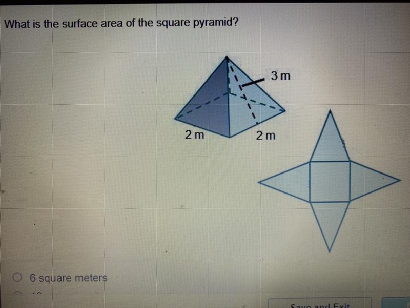 What is the surface area of the square pyramid? 6 square meters 16 square meters 28 square-example-1