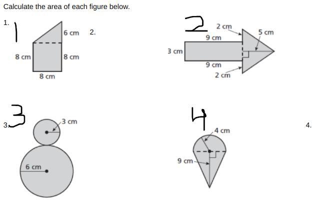 Calculate the area of each figure below. PLS BE SPECIFIC ON WHICH ONES YOU HAVE ANSWERED-example-1