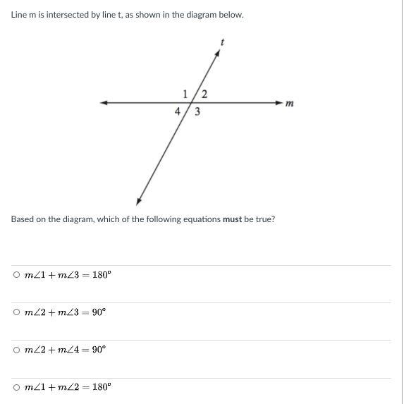 Line m is intersected by line t, as shown in the diagram below.-example-1