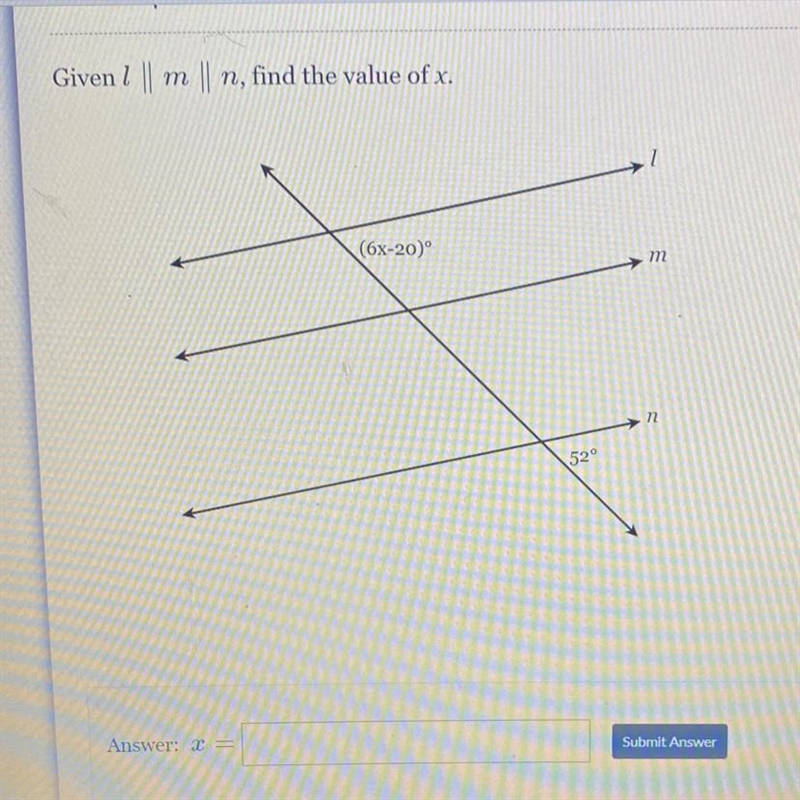 Given l, m, n, find the value of x.-example-1