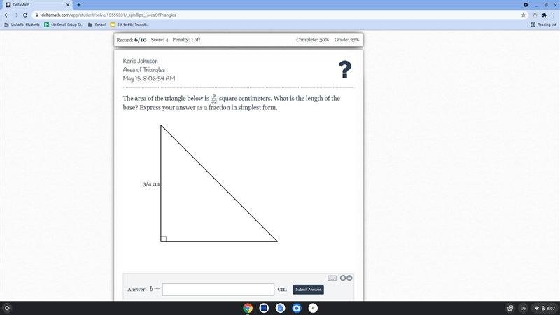 The area of the triangle below is 9/32 square centimetres. .What is the length of-example-1