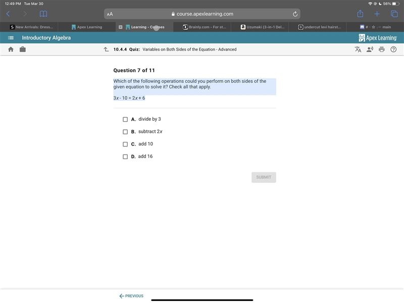 Which of the following operations would you perform on both sides of the given equation-example-1