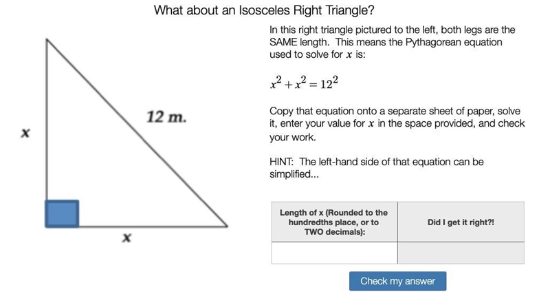 Isosceles Right Triangle (missing sides)-example-1