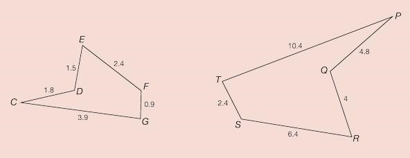 Show that pentagon CDEFG is similar or not similar to pentagon PQRST. Are the two-example-1