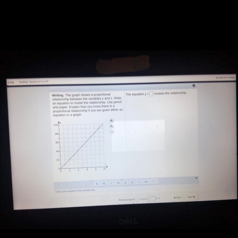 the graph shows proportional relationship between the variables y and x. write an-example-1