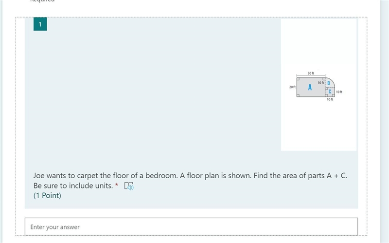 Joe wants to carpet the floor of a bedroom. A floor plan is shown. Find the area of-example-1