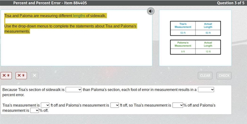 Tisa and Paloma are measuring different lengths of sidewalk. Use the drop-down menus-example-1