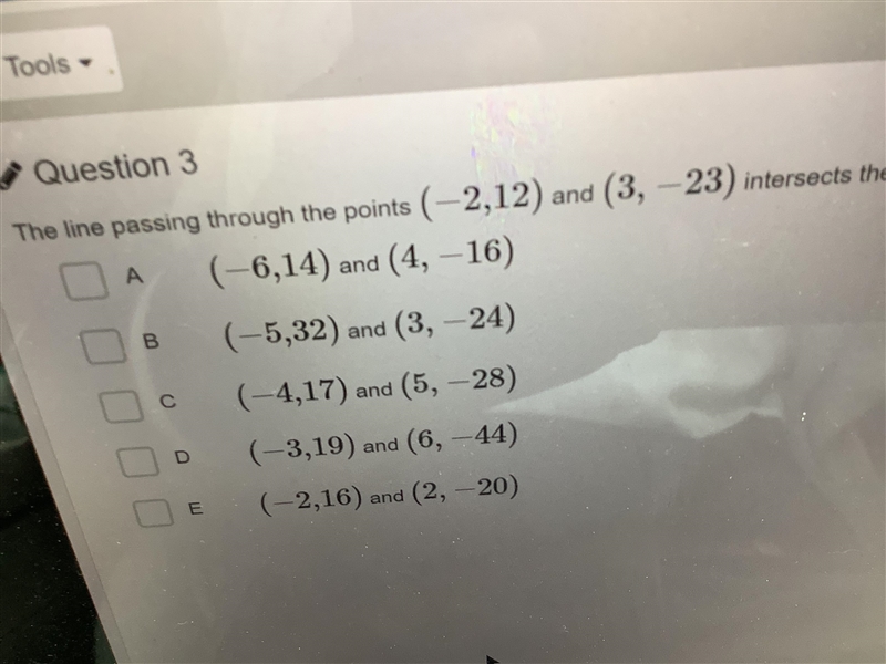 The line passing through the points (-2,12) and (3,23) intersect the line passing-example-1