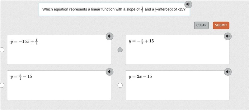 Which equation represents a linear function with a slope of 12 and a y-intercept of-example-1