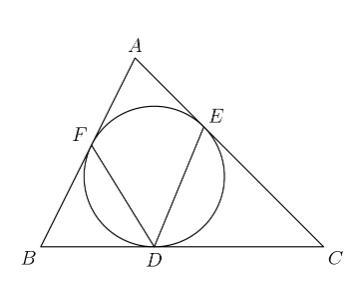 In triangle ABC, angle BAC = 72 degrees. The incircle of triangle ABC touches sides-example-1