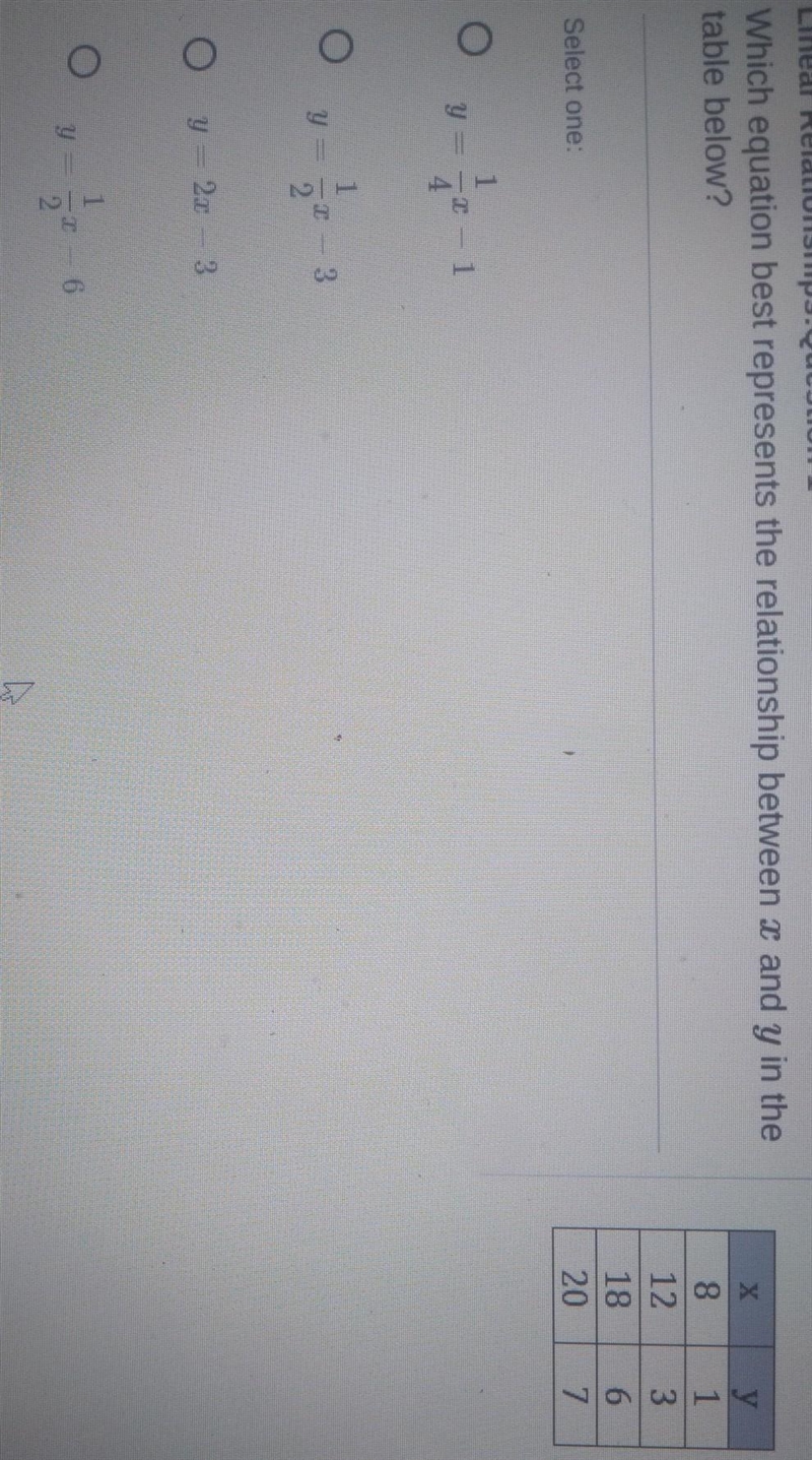 Which equation best represents the relationship between x and y in the table below-example-1