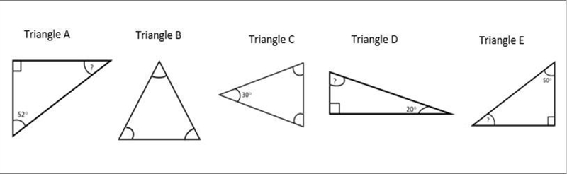 50 POINTS!! Please label below the missing angle measurements for each triangle. Triangle-example-1