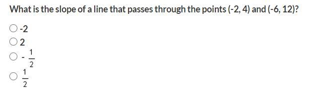 What is the slope of a line that passes through the points (-2, 4) and (-6, 12)?-example-1