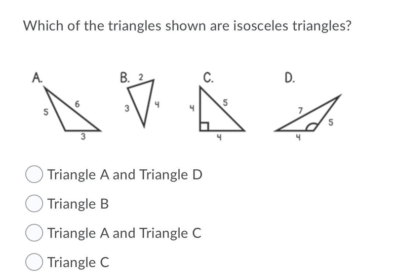 Which of the triangles shown are isosceles triangles?-example-1