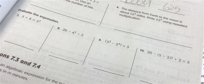 Evaluate the expression 3 + 4 x 5^1 26 - 4^2 ÷ 5^1 ( 3^3 - 2^4 ) x 5 20 - ( 5 - 2)^2 + 2 x-example-1