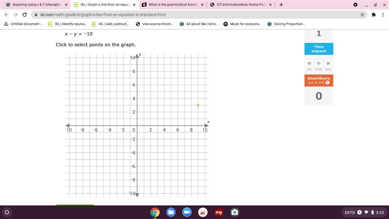 Graph this function using intercepts: x–y= -10-example-1