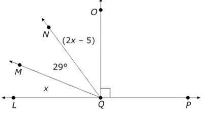 In the figure below, Angle OQP is a right angle. What is the measure of Angle LQM-example-1