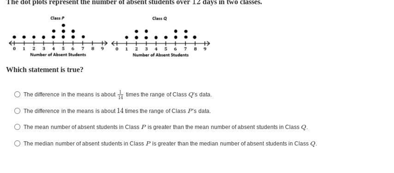 The dot plots represent the number of absent students over 12 days in two classes-example-1