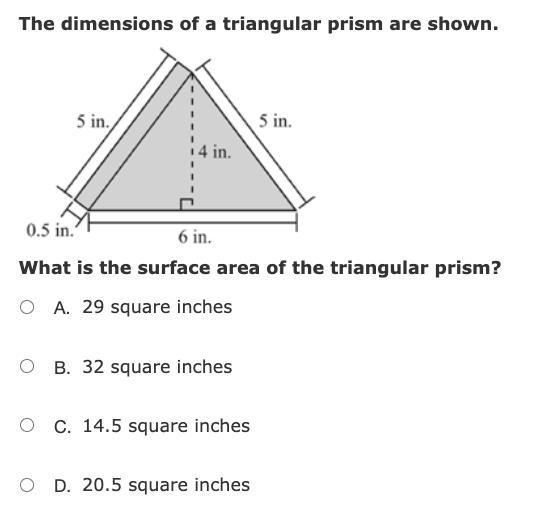 The dimensions of a triangular prism are shown.-example-1