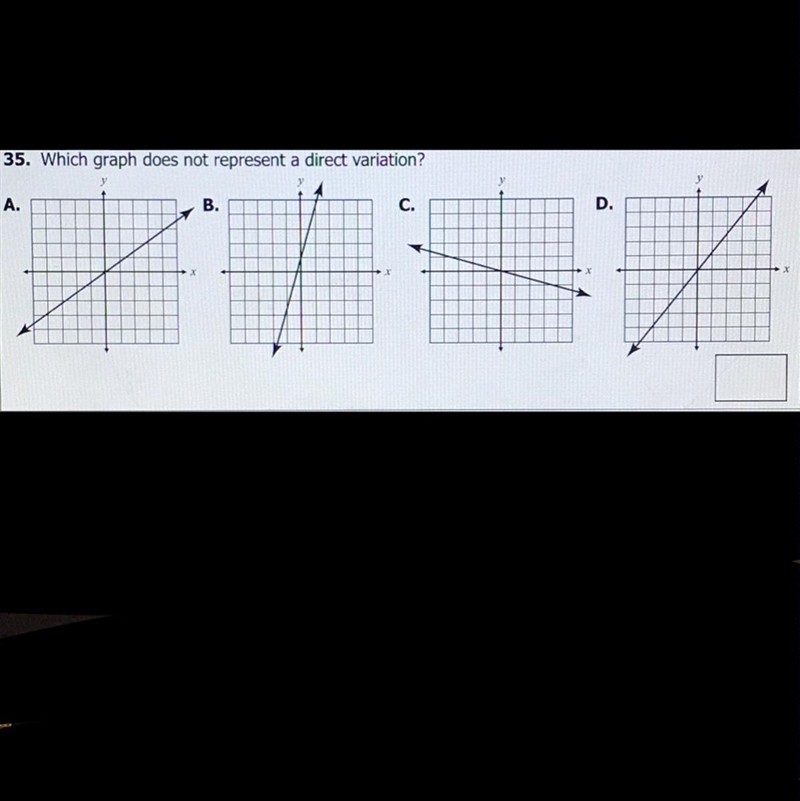 Which graph does not represent a direct variation? (Look at the image above)-example-1