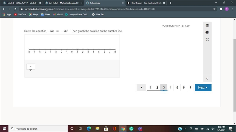 Help? Solve the equation, −5x = −30 Then graph the solution on the number line.-example-1