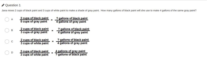 Jana mixes 2 cups of black paint and 3 cups of white paint to make a shade of gray-example-1