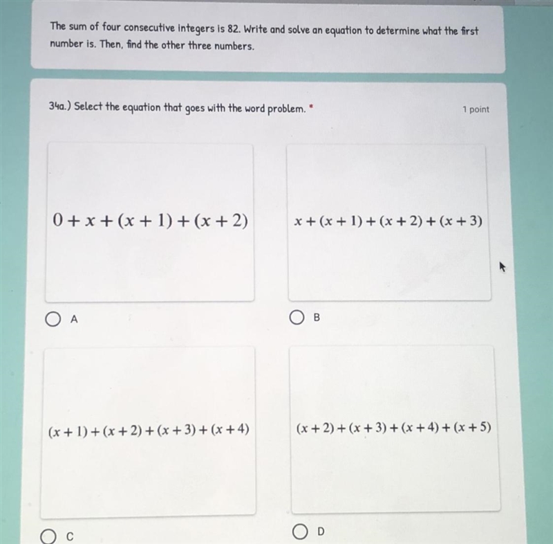 PLSS HELP!! DUE TODAAAAYYYY The sum of 4 consecutive integers is 82. Write and solve-example-1