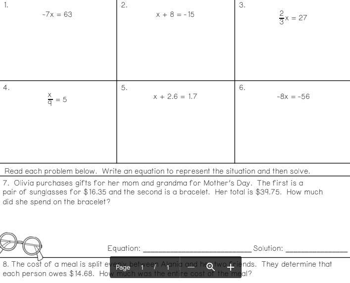 Hi, I need help. These are one-step equations.-example-1