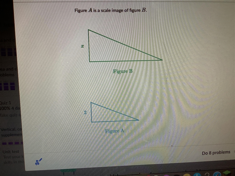 Figure A maps to figure B with a scale factor of 1 1/2. What is the value of x?-example-1