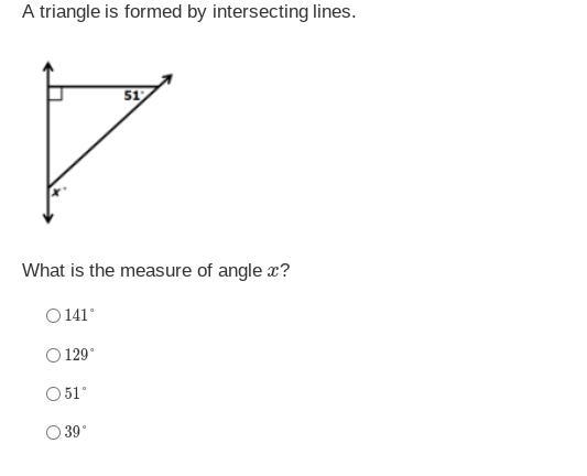 A triangle is formed by intersecting lines. What is the measure of angle x?-example-1