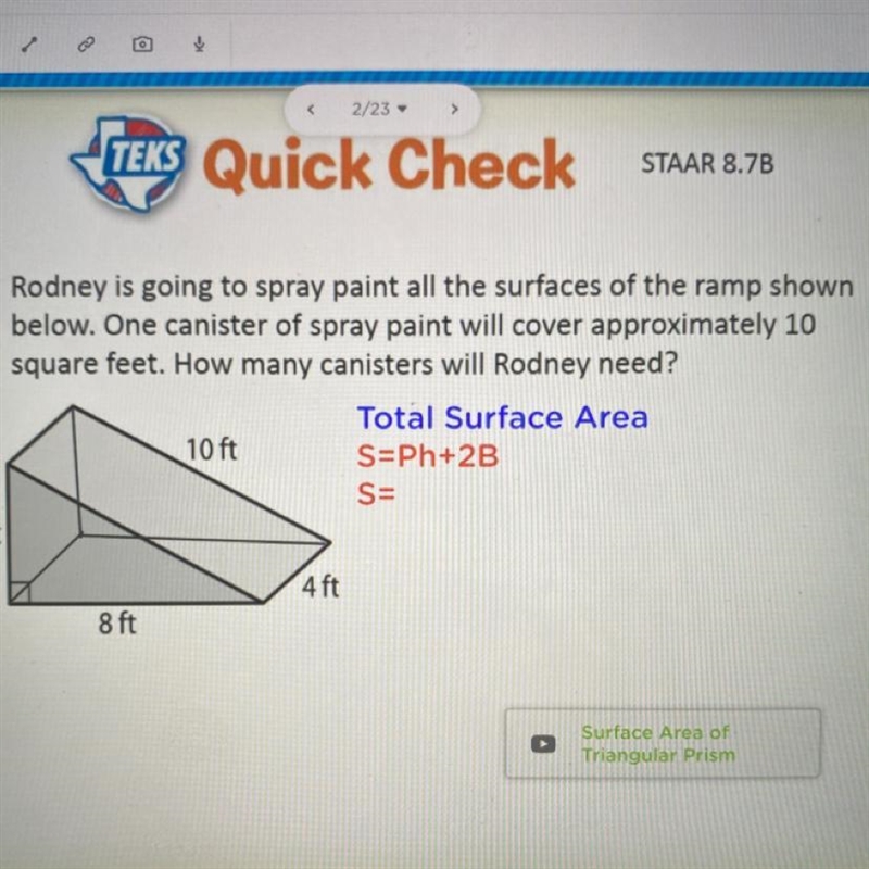 Rodney is going to spray paint all the surfaces of the ramp shown below. One canister-example-1