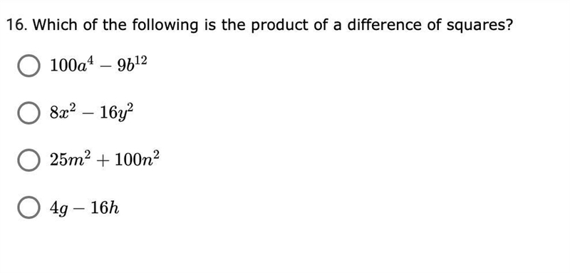 Which of the following is the product of a difference of squares?-example-1