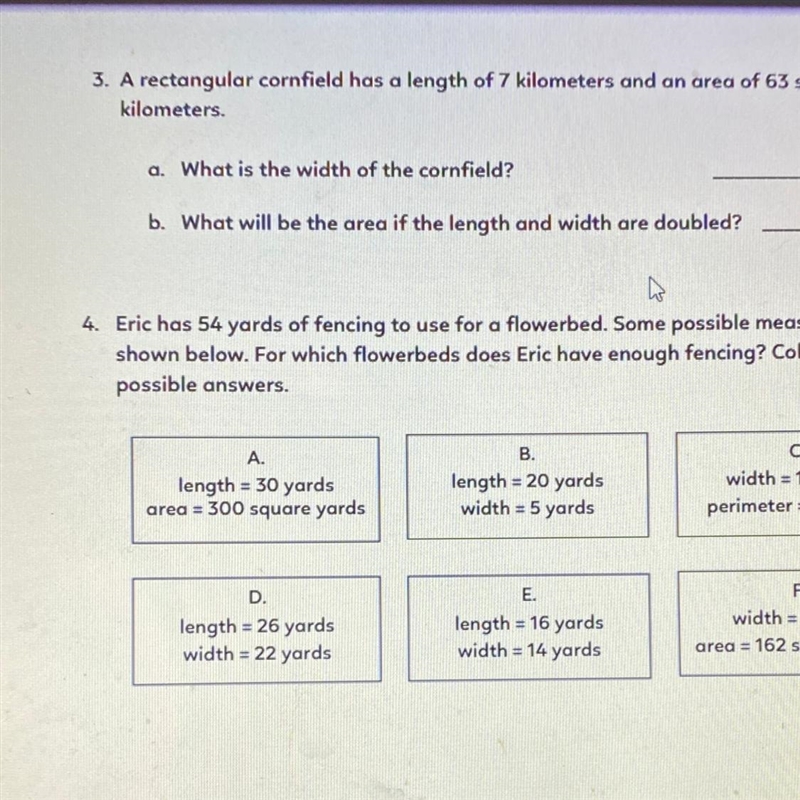 A rectangular comfield has a length of 7 kilometers and an area of 63 square kilometers-example-1