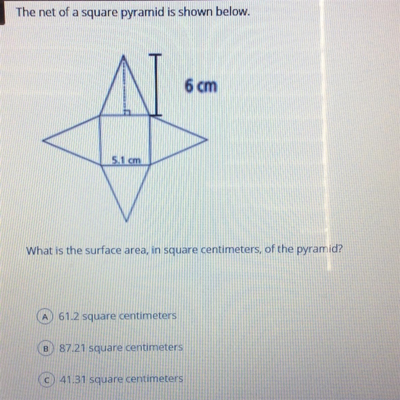 What is the surface area? A: 61.2 B: 87.21 C: 41.31 D: 15.3-example-1