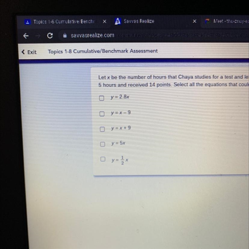 Let x be the number of hours that Chaya studies for a test and let y be the number-example-1