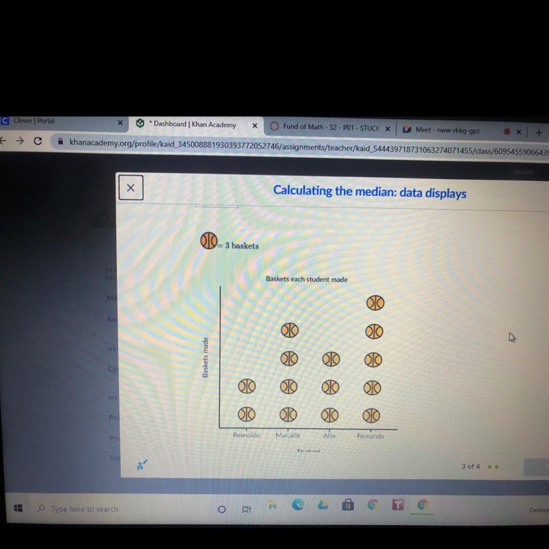 Find median of the data in the pictogram below one basketball equals three baskets-example-1