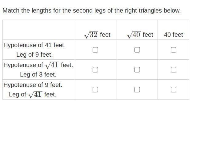 Match the lengths for the second legs of the right triangles below. PLEASE HELP MEEEEEE-example-1