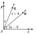 What is the measure of ∠GJH?\ A. x = 19 B. x = 23 C. x = 48 D. x = 56-example-1