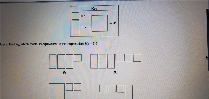 Using the key, which model is equivalent to the expression 3(x + 1 ) A. W B. X C. Y-example-1