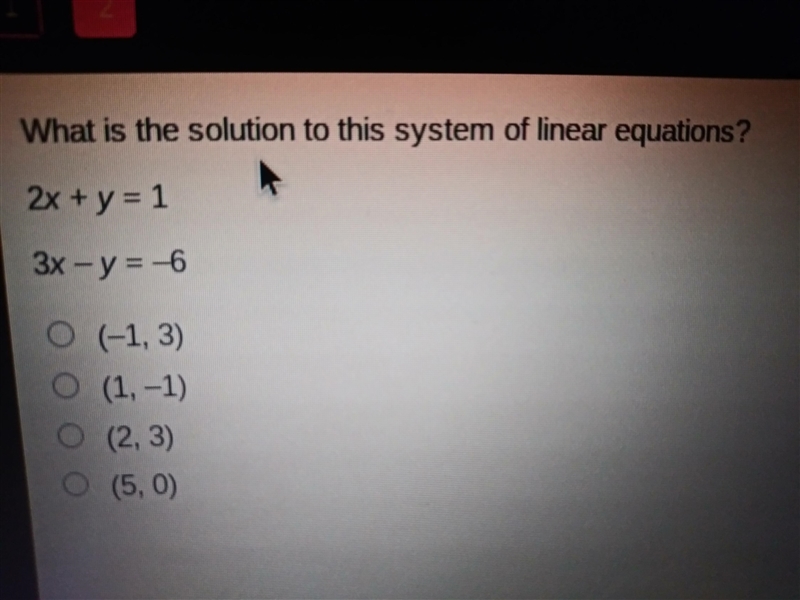 What is the solution to this system of linear equations? 2x + y = 1 3x - y = -6 A-example-1