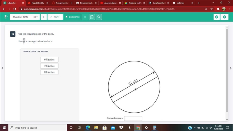 Find the circumference of the circle. ​ ​Use as an approximation for .-example-1