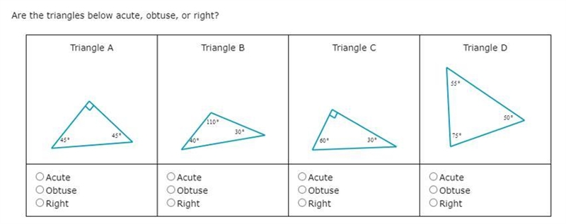 Are the triangles below acute, obtuse, or right?-example-1